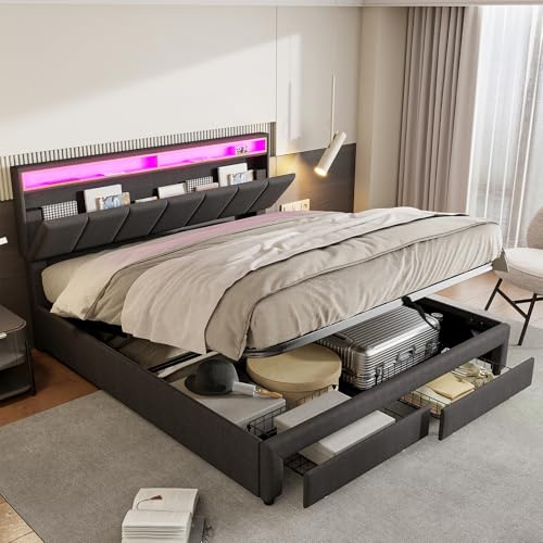 BHFFTHK Polsterbett Doppelbett 160x200,Hydraulisches Bett 160x200 mit Stauraum,Verstaubares LED-Kopfteil,Boxspringbett Bettgestell mit Lattenrost, Linen Grau, Ohne Matratze