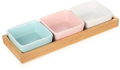 YITYDaMai 3 Pcs Cuencos Aperitivos con Bandeja Aperitivoss, Cuencos de Cerámica para Aperitivos con Bandejas de Madera, plato de salsa para servir, fiestas y bodas