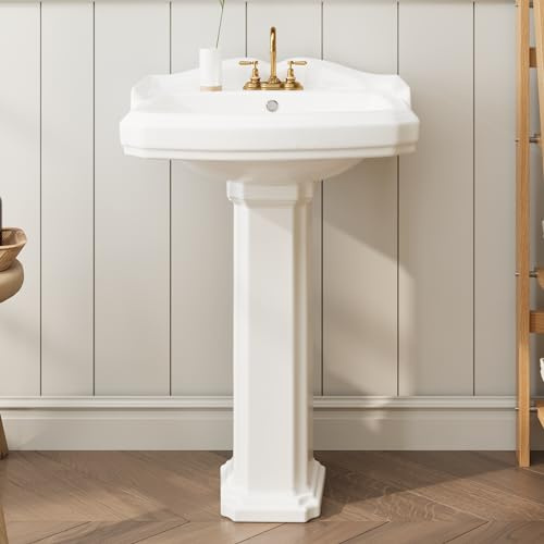 Thaookte Waschbecken Keramik Hahnloch Weiß Standwaschbecken Waschtisch Säule, Aufsatzwaschbecken, Bathroom Sink, Waschtisch, Ablaufgarnitur, Aufsatzbecken, Keramik Weiß 580x480x860 Mm