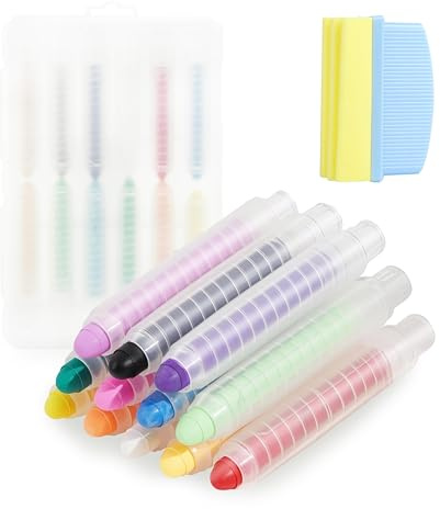 InteDesign 12 gessi senza polvere, gessi dai colori vivaci, gessi colorati lavabili, per lavagna e disegno su lavagna, con cancellino per lavagna per cancellare a umido