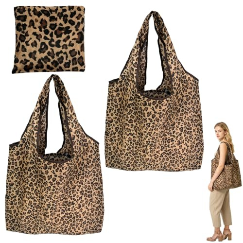 2Pcs Leopard Print Fold Up Shopping Bag in Pouch, Large-Capacity Tote Bags | Foldaway Shopping Bags, Washable,Waterproof,Eco Tote Handbag,Shopper Bag,Unfolded Size 46*40cm,Nylon,Leopard Storage Bags