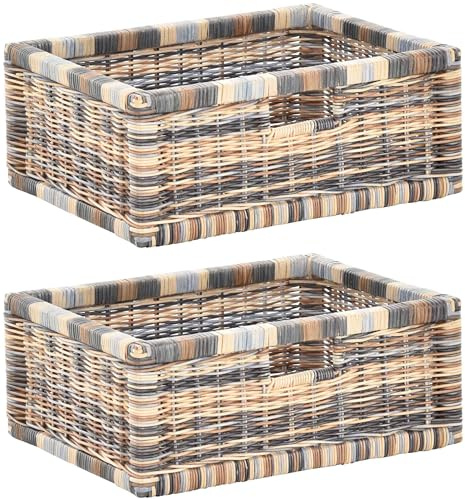 korb.outlet Set / 2 Regalkorb Mehrfarbig ca 43x32x17,5 mit Holzrahmen Rattan Schubfach Box zur Aufbewahrung Schrankkorb Griff