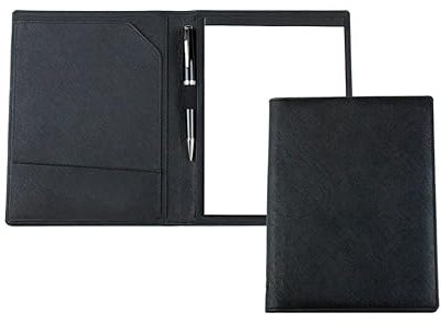 DELMON VARONE - Personalisierbare Schreibmappe DIN A5 aus Saffiano Lederimitat schwarz, Organizer Konferenzmappe mit Notizblock, Stiftschlaufe & Steckfächer, Business Dokumentenmappe in Kunstleder