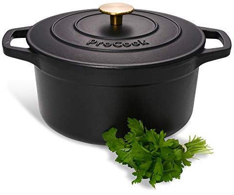 ProCook Black Cast Iron Round Casserole Dish with Self Basting Lid Enamel Coated Induction Compatible Modern Classic Cookware - 24cm / 4.7L