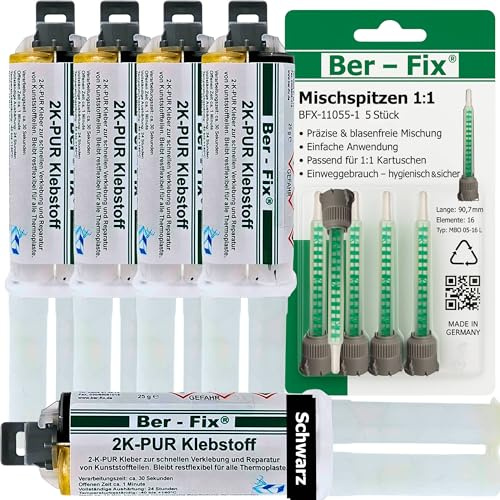 Ber-Fix 2K PUR Kleber schwarz 5x25g + 5 Düsen schnell flexibel Kunststo | 2K PUR Kleber schwarz 5x25g + 5 Mischdüsen schnell flexibel Kunststoff: Schwarzer 2K-PUR-Kleber für schnelle