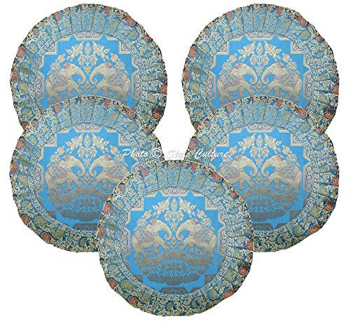 Stylo Culture Ethnicas Forros De Cojines Decorativa 43x43 cm Brocado De Seda Elefante Fundas Almohadones Sofa Turquesa 17x17 Inch Jacquard Redondo Cremallera Fundas Almohadones para Sillas - 5 Pcs