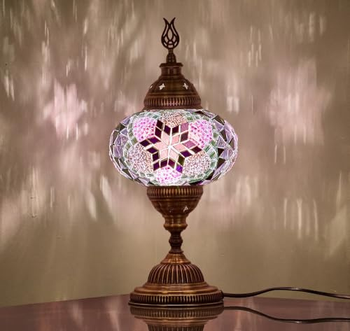 DEMMEX Turkish Moroccan Mosaic Table Bedside Night Lamp, Tiffany Style Colorful Glass Mosaics Unique Oriental Exotic Table Lamp, 16cm Big Size Globe, 36cm Height (Purple & Lilac)