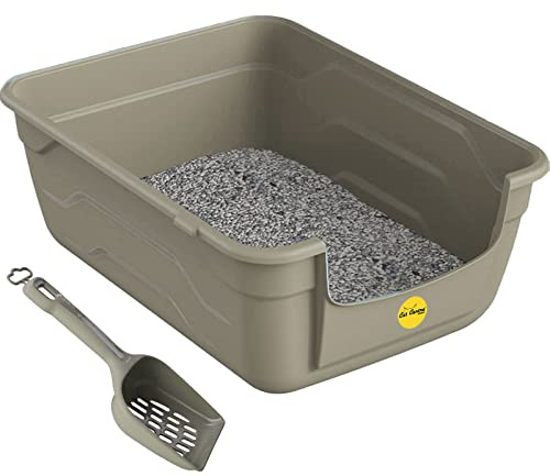 CAT CENTRE Large Cat Litter Tray + Scoop Set, High Sided, Grey | Deep litter box, high sides, lowered 11.5cm entry step, easy access for elderly cats, adult cats, kitten pan