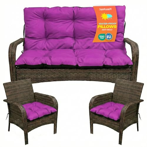 SuperKissen24. Coussin Dossier pour Banc de Jardin Canapé - 120x50 cm et Appui 120x60 cm + 2X 45x45 cm Coussin pour Chaise de Jardin - Intérieur/Extérieur – Imperméable - Fuchsia
