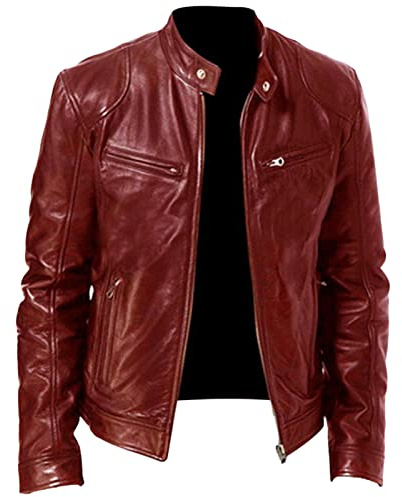 Men's Faux Leather Biker Jacket Vintage Motorcycle Jacket Outerwear Retro Stand Collar PU Leather Slim Fit Coat, Red Wine, L