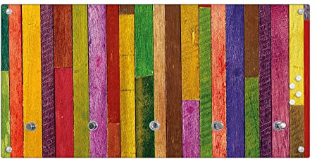 banjado® Wandgarderobe aus Echtglas/Design Garderobe 80x40x6 cm groß/Flurgarderobe mit 5 Haken/Magnetisches Garderobenpaneel Motiv Holz Collage Bunt