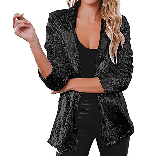 Sawmew Damen Pailletten Jacke Casual Langarm Glitzer Blazer Bomberjacke Festlich Party Club Kurze Jacke Glänzend Langarm Glitzer Jackett Frauen Glitzer Oberteile Blazer (Color : Black, Size : XXL)