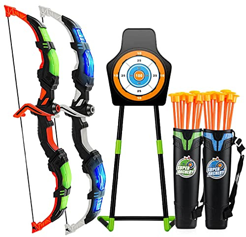 2-pack båg- och pilset för barn med LED-lampor, bågskytte, leksaksset, 2 ark 20 sugproppar, 2 pipar, 1 stående mål, utomhusleksak för pojkar, flickor, 3–12 år