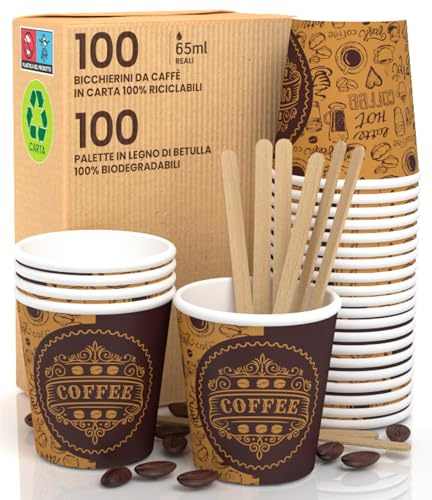 PubCUP Lot de 100 gobelets en papier pour café 65 ml écologiques biodégradables et jetables, petits emporte-pièces chaudes + 100 palettes en bois de bouleau