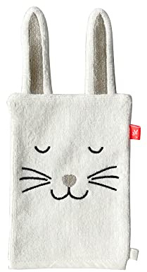 kikadu Gant de toilette pour bébé - Motif tête de lapin mignon en blanc crème - 100 % coton bio GOTS - Extra doux et doux pour la peau - 20 x 14 cm - Pour baignoire et soins quotidiens
