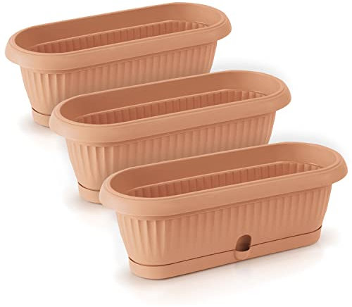 Set di 3 Vasi per Fiori Piante Ovali Terra DCK In Plastica 31,6x13,2x11cm Da Interno Esterno Terracotta Volume 2,5 Litri Design Classici