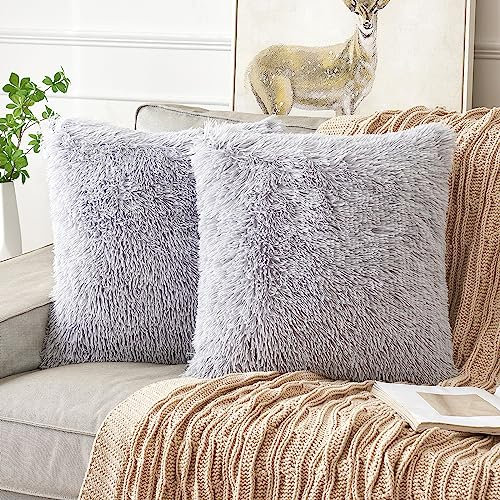 ANRODUO Luxuriöse, flauschige Kunstfell, dekorative Kissen, Plüsch-Kissenbezüge, flauschiger Mongolischer Merin-Stil, für Bett, Couch, Sofa, Wohnzimmer, Heimdekoration, 40,6 x 40,6 cm, Silbergrau, 2