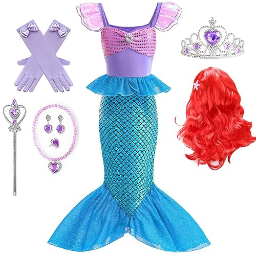 IWFREE Meerjungfrau Kostüm mit Perücken Mädchen Ariel Prinzessin Meerjungfrau Glitzernde Prinzessin Kleid Faschting Festkleid und Zubehör Halloween Karneval Party Geburtstage Geburtstag Outfit