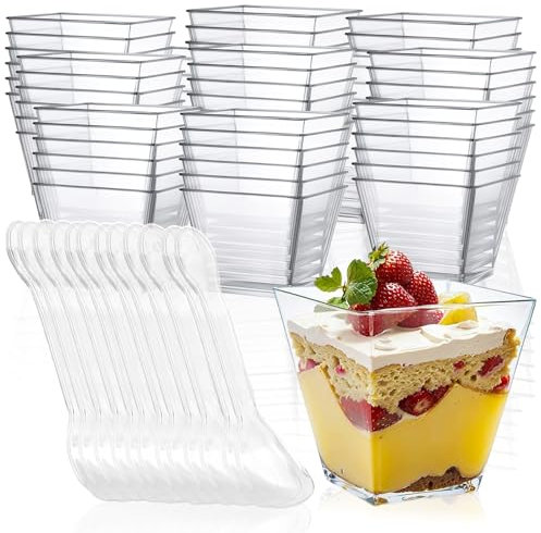 FINEASY 100 Stück Dessertgläser mit Löffeln 2oz/60ml,Dessertschalen Plastik Wiederverwendbar,Quadratischer Dessertbecher Dessert becher für Mousse Eiscreme Pudding,für Dessertparty Picknick