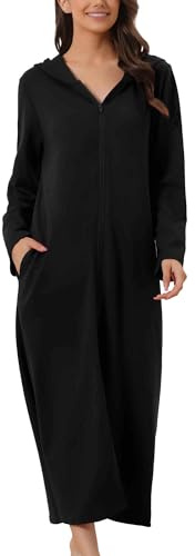cheibear Damen Robe mit Reißverschluss vorne und Kapuze Hauskleid Nachthemd Hausmantel Kapuzenpullover langer Loungewear Bademantel Schwarz L