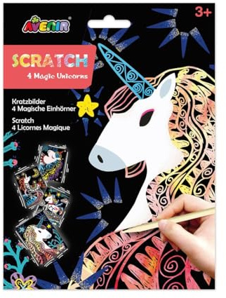 Avenir 6301571 Kratzbilder für Kinder, Motiv Einhorn, Kratzbildvorlagen mit Stift, Kratzbildset, DIY Kreativset für Kinder ab 3 Jahren