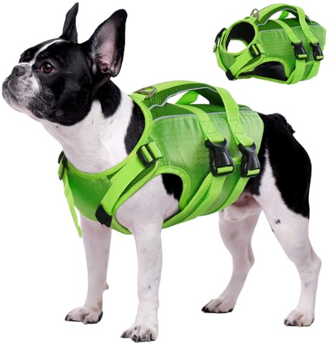 Kuoser Schwimmweste Hund klein, Hunde Schwimmweste mit Griff, Grün S | Ripstop Hunde Schwimmweste mit hohem Auftrieb, verstellbar für kleine mittelgroße & große Hunde, mit reflektierenden Streifen