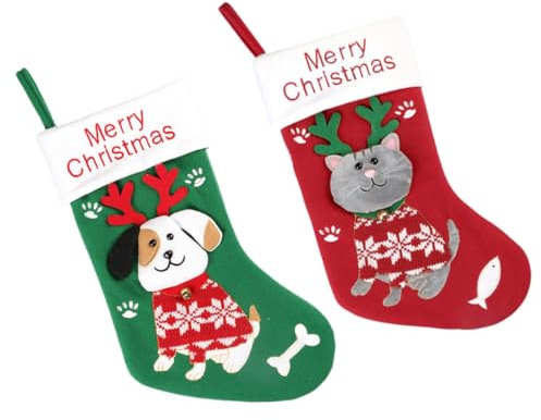ABOOFAN 2 Stück Weihnachtsstrümpfe Aus Leichtem Stoff Mit Hunde Und Katzenmotiv Faltbare Weihnachtsdekoration Und Süßigkeitentüte Für Familie Und Party