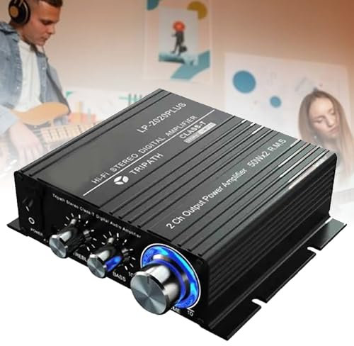 Amplificateur audio stéréo HiFi classe T, amplificateur de puissance audio compact avec 50 W x 2 RM, cercle de lumière bleue, 19 V ~ 24 V, RCA/3,5 mm, ligne audio pour haut-parleurs