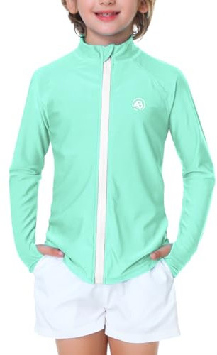 AOBUTE Unisex Kinder Rashguard mit Reißverschluss, LSF 50+, UV-Schutz, Sonnenshirt mit Daumenloch, 3–12 Jahre, Minze, 7-8 Jahre