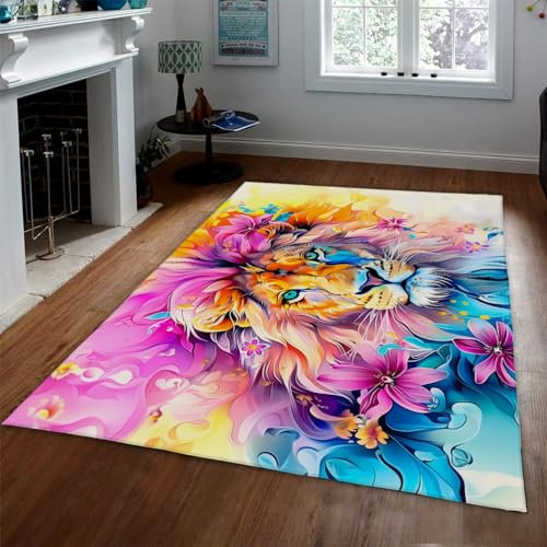 Bunter Löwe dünner Teppich für Wohnzimmer Blumenkunst weicher Teppich für Schlafzimmer Moderne kreative Teppiche für Kinder Jungen Mädchen Schlafsaal Kinderzimmer Dekor 120x160cm