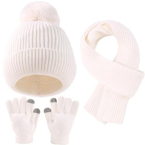 Yaopelky Niño Niña Gorro Beanie Bufanda Guantes con Pantalla táctil Juego de Gorro Tejido Cálido con Pompón Bufanda Larga para el Cuello Calentadores de Manos, Blanco, Einheitsgröße für Kinder von 4