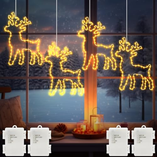 4 Stück Rentier LED Fensterdeko Weihnachten Batterie lichterkette mit Timer | Timer, 5 Modi, Metall, Wasserdicht, Innen Außen Kinderzimmer Party Weihnachtsstern Fenste Weihnachten Deko,Warmweiß