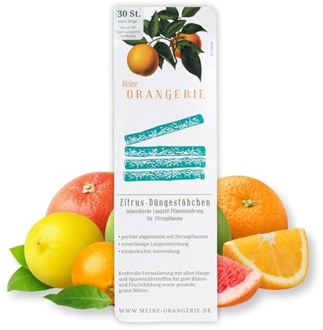 Meine Orangerie Düngestäbchen - 30 Sticks - bis zu 90 Tage Langzeitwirkung - mineralischer Zitrusdünger - Optimale Pflanzennahrung für Zitruspflanzen - Fördert Blüten, Früchte und gesunde Blätter