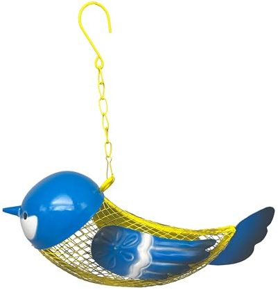 Dehner Natura Premium Futterstelle Coco, dekorative Futterstation für Wildvögel, Futterspender robust/langlebig, inkl. Aufhängevorrichtung, ca. 26.8 x 12 x 8.5 cm, Metall, gelb/blau