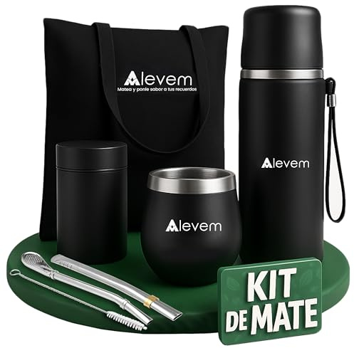 Kit Mate Argentino Completo 7 Piezas | Calabaza, Termo 1L, Bombilla | Incluye vaso mate, termo doble pared, 2 bombillas acero, yerbero, bolsa y cepillo. Color negro gran regalo amantes del mate.