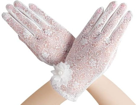 UEIOAVL Guantes y manoplas para mujer, 1 par de guantes de encaje floral, elegantes guantes cortos elásticos con protección solar guantes de conducción UV para bodas óperas cenas y Halloween (blanco)