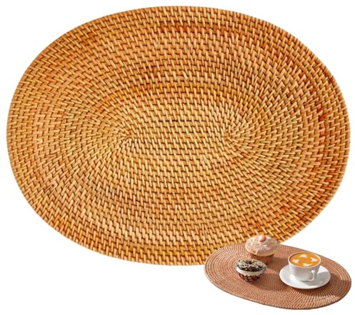 HSTWODE 6 Stück Rattan-Untersetzer, Rund Durchmesser 13-35cmTischuntersetzer Herbst-Rattan-Flechten für Glas untersetzer Set, Getränke, Tassen, Bar Dekorative (1 oval)