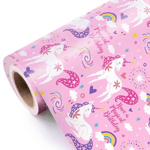 RUSPEPA Rotolo di carta da regalo per compleanno unicorno rosa - Mini rotolo - 43,2 cm x 10 m - Avere un design di compleanno magico, perfetto per compleanno, baby shower, festa