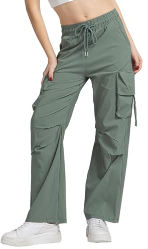 vittorio y Dam Cargobyxor Hög Midja Baggy Byxor med Fickor Lösa Byxor Dam Streetwear Casual, Grön, one size