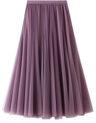 Jemmsia Women's Tulle Skirt Midi A-Line Multi Tiered Pleated Maxi Swing Skirt Elegant Elastic High Waist Long Tutu Flowy Skirts for Prom Homecoming Birthday Party Purple
