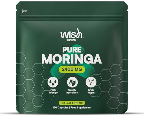Wish Fusion Organic Moringa Capsules 2400mg, High Strength Pure Moringa Oleifera Leaf Powder, Rich in Antioxidants, Iron & Vitamins, Natural Energy Boost & Immune Support 120 Vegan Capsules