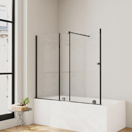 Duschwand für Dusche 115 x 140 cm,Duschaufsatz für Badewanne mit Schiebetür Schwarz 6mm ESG Glas Badewannenaufsatz,Schiebetürbreite ist von 70-115 cm Einstellbar