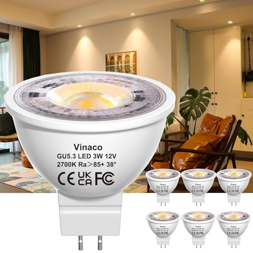 Vinaco LED Glühbirne MR16 2700K Warmes Weiß, 6er Pack Langlebig GU5.3 LED 12V 20W Ersatz, Flimmerfrei 300LM MR16 3W, Nicht Dimmbar MR 16 GU5.3 38°-Strahler für Innen- und Außenanwendungen
