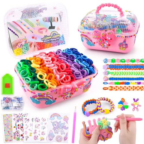 Auney Armbänder selber machen Kinder,1000pcs Soft Loom Bands set mit Einhorn Zubehör Bastelset,Freundschaftsarmbänder Selber Machen,Loom Bänder Set für Mädchen Geschenke für 6 7 8 9 10 11 12 Jahre