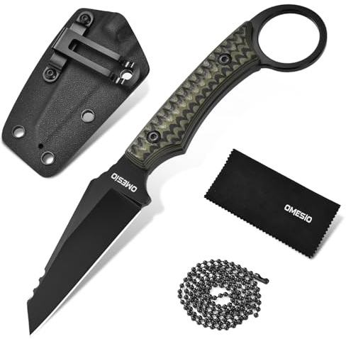 Omesio Neck Knife,8,5 cm D2 Stahl Reverse Tanto Klinge Aus,Coltello EDC Da Esterno Con Codolo Intero Manico G10 E Fodero in Kydex, Clip e Catena a Sfere — Coltello Di Sopravvivenza Compatto