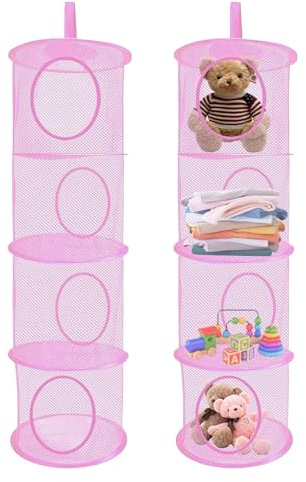 Zyluniy 2 Stück Hängender Speicherkorb, 4 Tier Faltbare Aufbewahrungsnetze, Kuscheltiere Hängeregal, Hängende Mesh Aufbewahrungsnetze, Hängeaufbewahrung Netz für Spielzeug, Kleine Kleidung (Rosa)