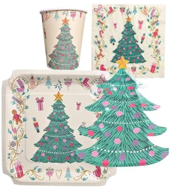 Kit Vaisselle Jetable de Noël – 80 Pièces (Assiettes, Gobelets, Serviettes) – Motif Sapin – Décoration Table Noël – Fêtes, Anniversaires, Réveillon – Multicolore