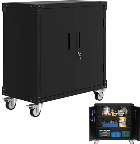 Armoire à outils avec roulettes, armoire de classement en acier avec 2 portes verrouillables et étagère réglable en hauteur, armoire de bureau en métal, armoire en métal, pour garage, maison et bureau