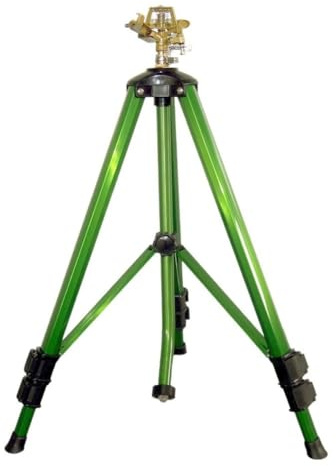 Irrigatore da giardino in lega di alluminio verde con base a treppiede resistente, altezza regolabile a 360° 50-105 cm per irrigazione su larga scala