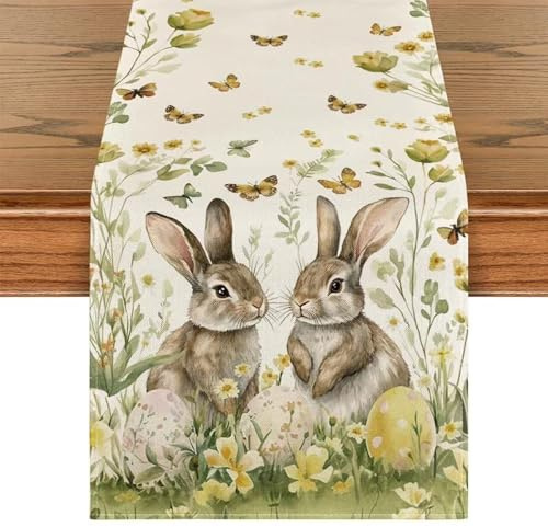 Ostereier Blume Leinen Tischläufer, Mode Kaninchen Ostern Tischläufer, Frühlings Blumen Osterei Tischdecke, Tischläufer Ostern für Osterdeko Tisch Küche Esszimmer Wohnkultur, 33 x 183cm, Hase
